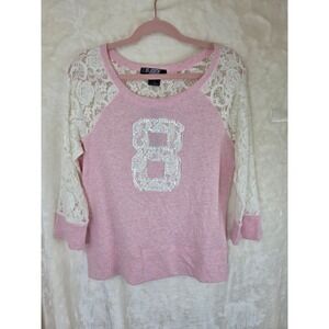 Sugar‎ Rush Pink Lace Sleeve Sequin 8 Graphic Top Womens Large Mixed Media NWT